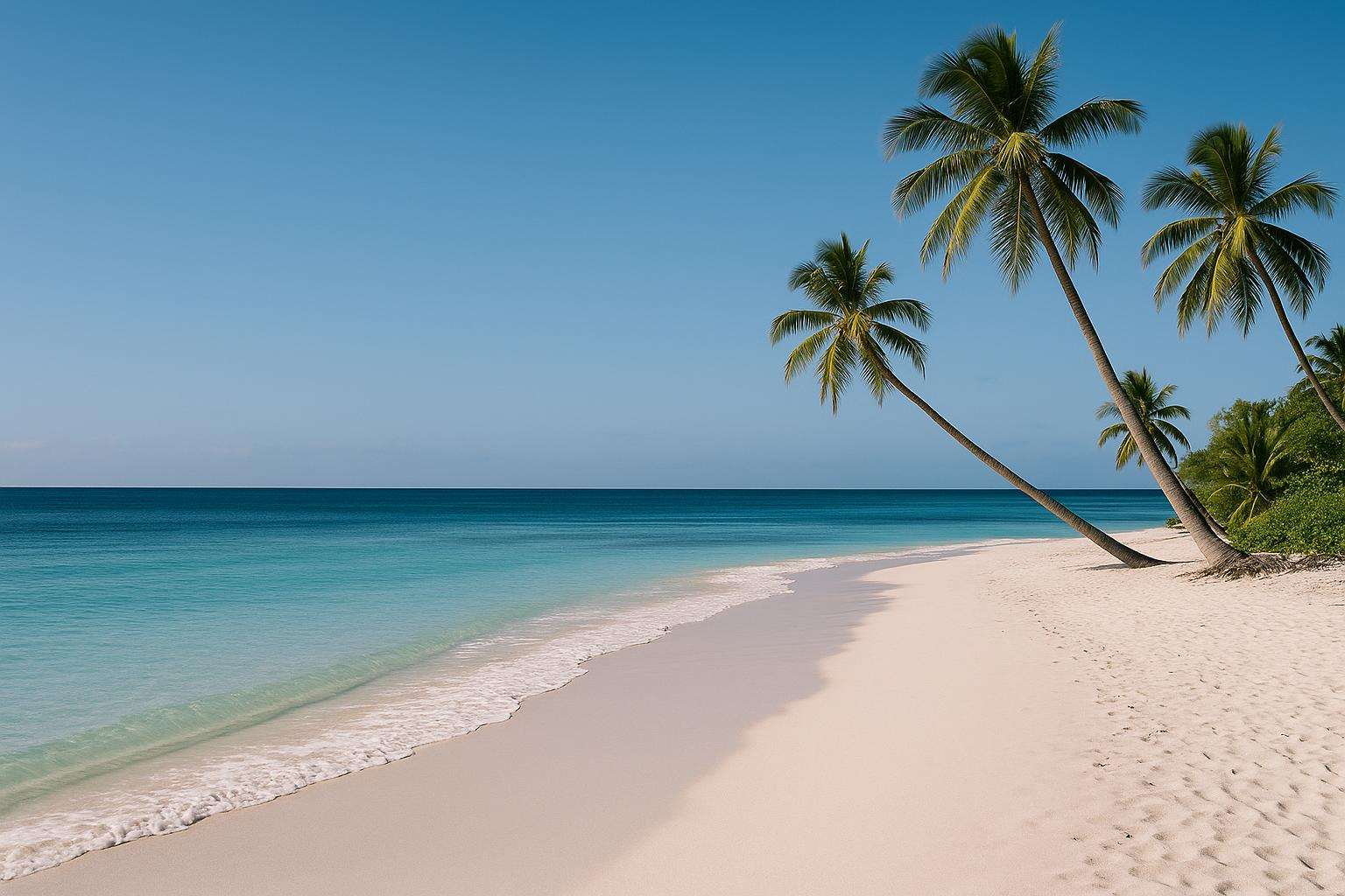 A crescent of powder-white sand meeting graduated turquoise-to-deep-blue water under a clear sky, palms leaning over the beach