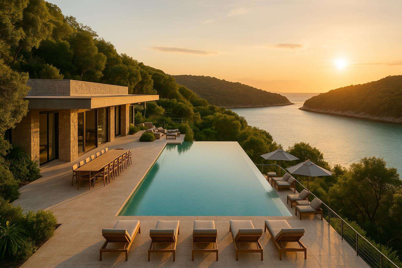 A hillside private villa with a large pool, a group dining terrace and lounge areas overlooking a turquoise bay at golden hour