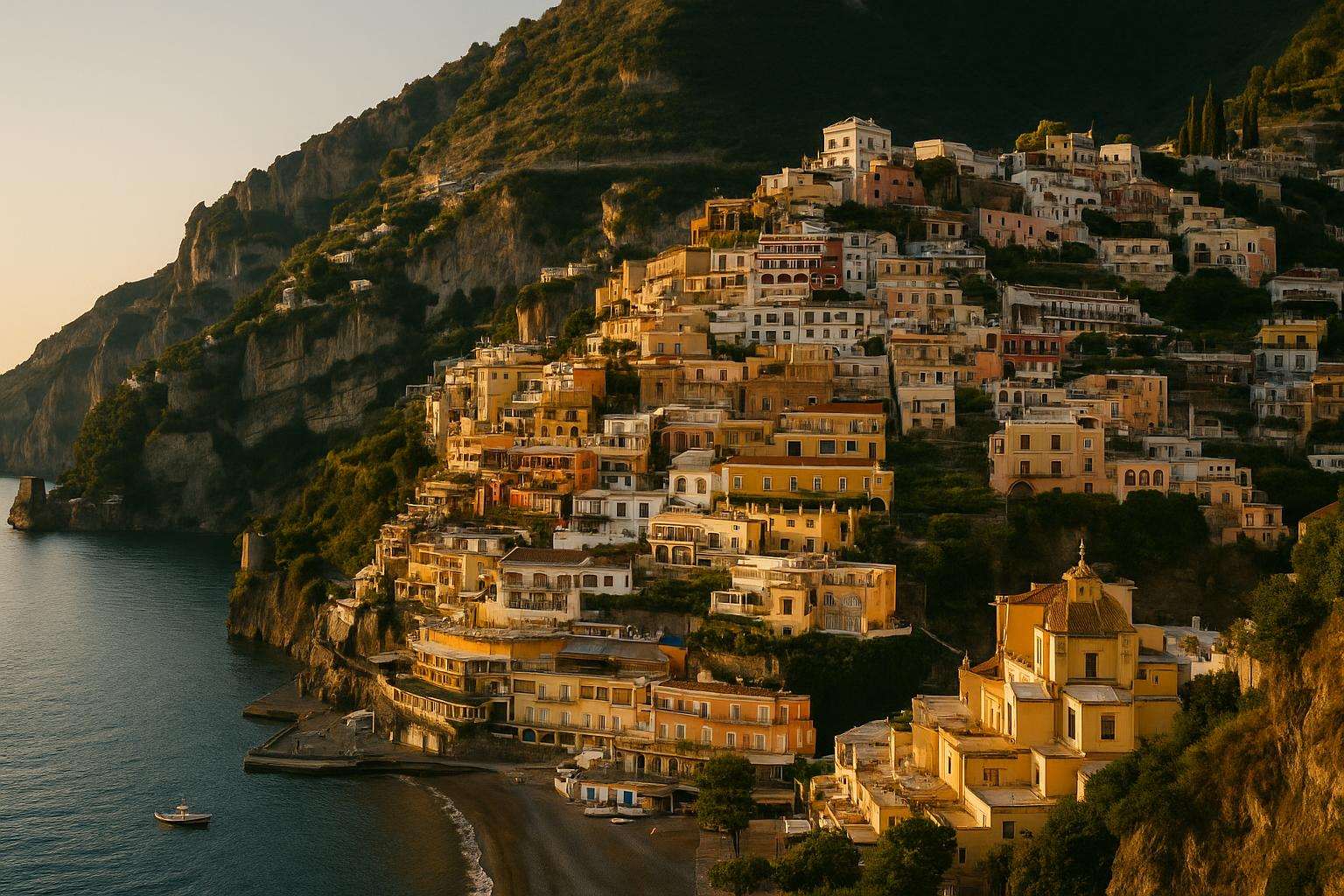 Pastel cliffside houses tumbling down to a deep-blue Mediterranean bay at golden hour, terraced lemon groves above