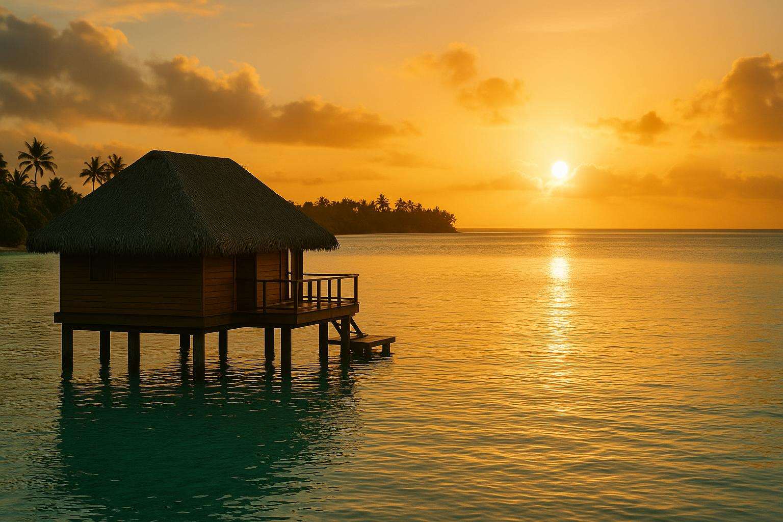 A collage-style tropical and European honeymoon landscape at sunset with an overwater villa, a cliffside village and a calm sea