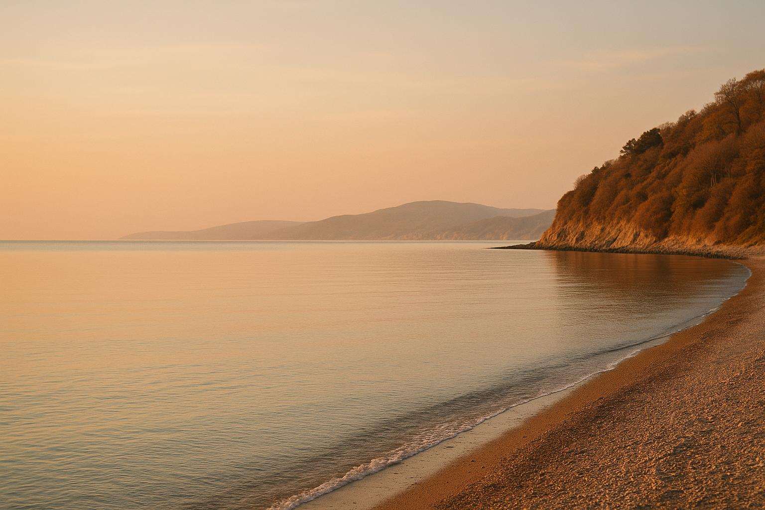 A serene tropical beach at sunrise beside a calm sea, evoking seasonal honeymoon travel planning