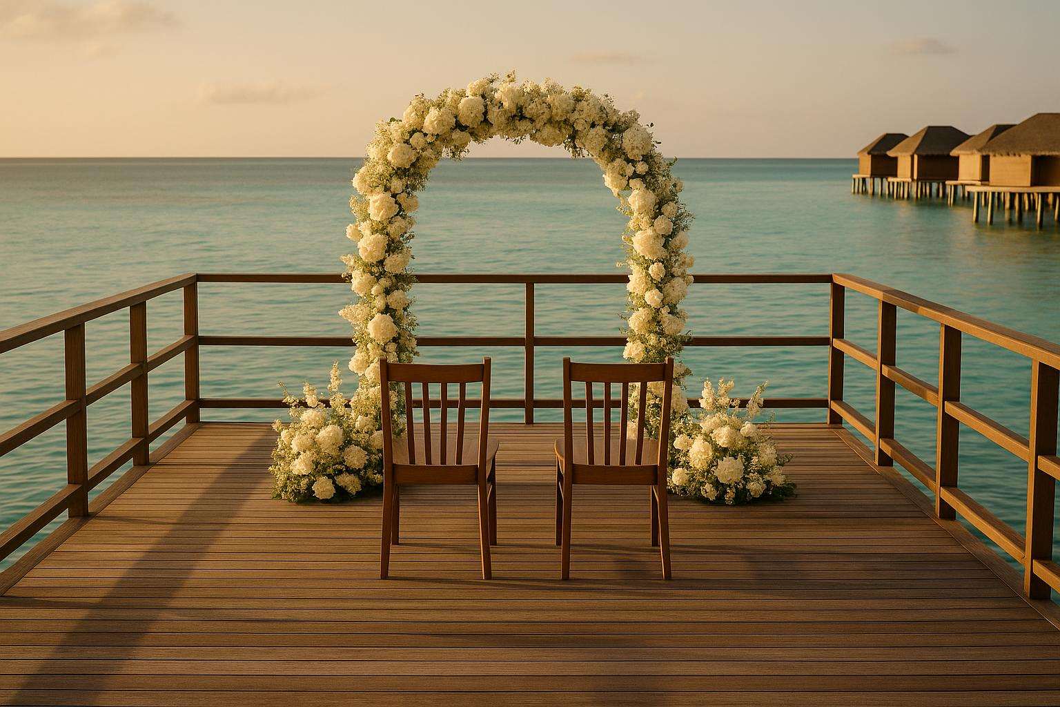 An overwater deck at a tropical resort set for a small ceremony, white florals and two chairs facing a calm lagoon
