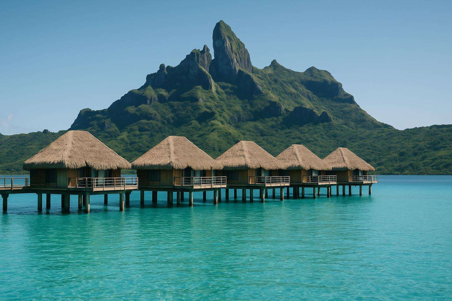 Overwater bungalows on turquoise lagoon water with the twin-peaked silhouette of Mount Otemanu rising behind them under a clear sky in Bora Bora