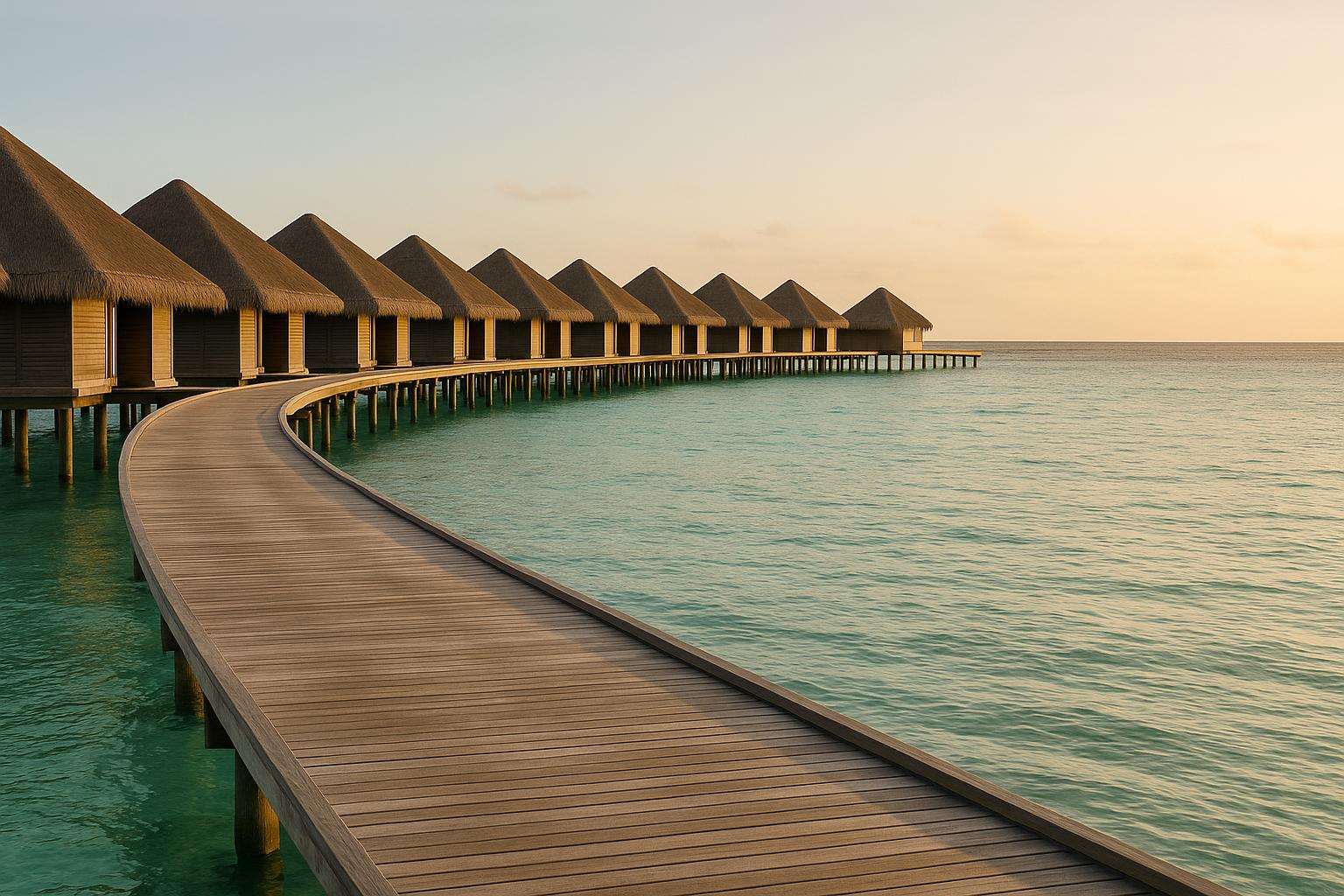 A row of thatched overwater villas on stilts extending across a turquoise Maldivian lagoon at golden hour, with a wooden jetty leading to the horizon