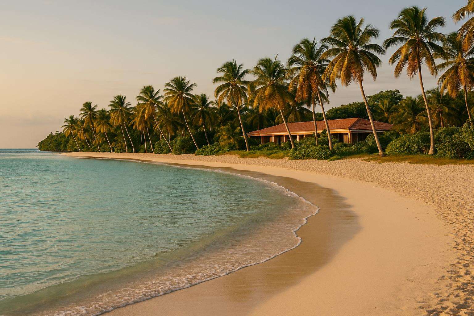A palm-lined Caribbean beach with calm turquoise water and a curving white-sand shoreline in front of a low tropical resort at golden hour