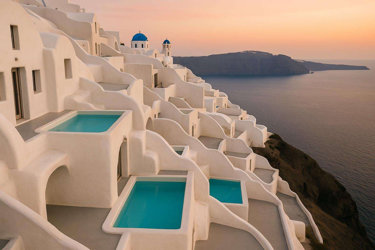 Whitewashed cave-hotel suites with blue infinity pools carved into the Santorini caldera cliff above the deep-blue Aegean at dusk