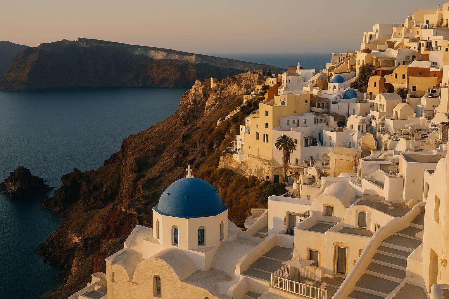 Whitewashed cave houses and blue-domed churches on the Santorini caldera cliff bathed in soft late-summer evening light above a calm sea