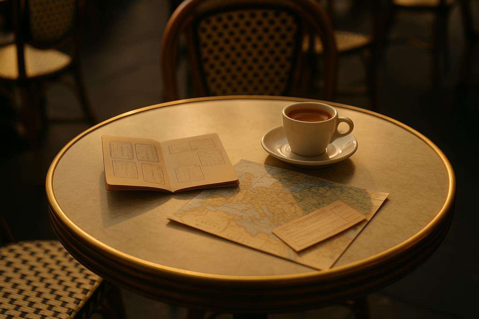 An open passport with EU entry stamps beside a folded European map and a rail ticket on a cafe table