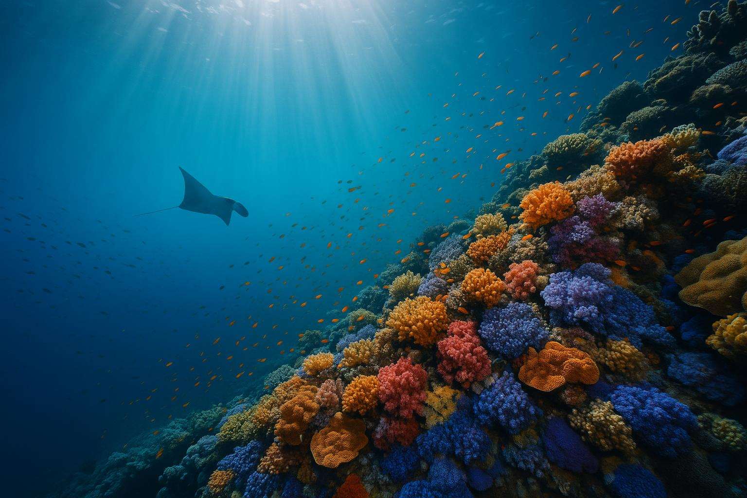 Sunlit tropical coral reef teeming with colorful fish under clear blue water