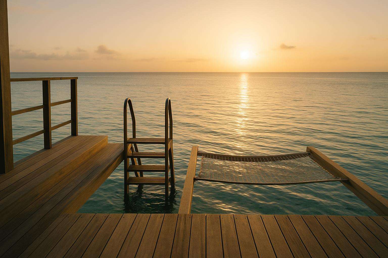 Interior deck of an overwater villa with a ladder descending into clear turquoise water at sunrise
