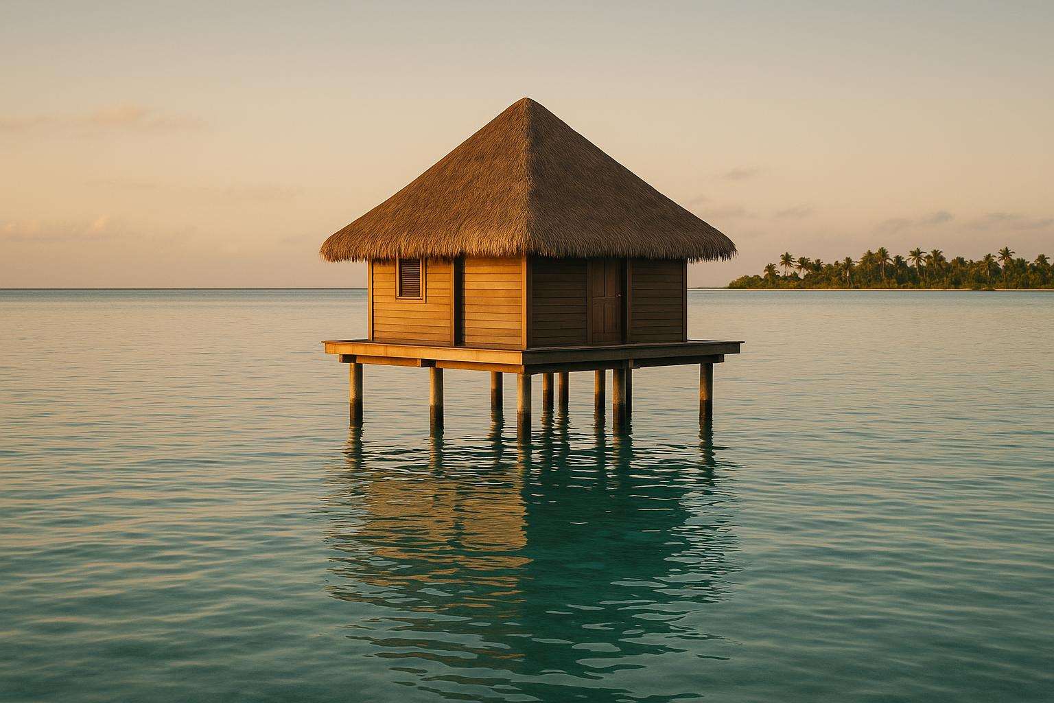 An overwater bungalow on stilts above a turquoise lagoon at golden hour, empty and calm